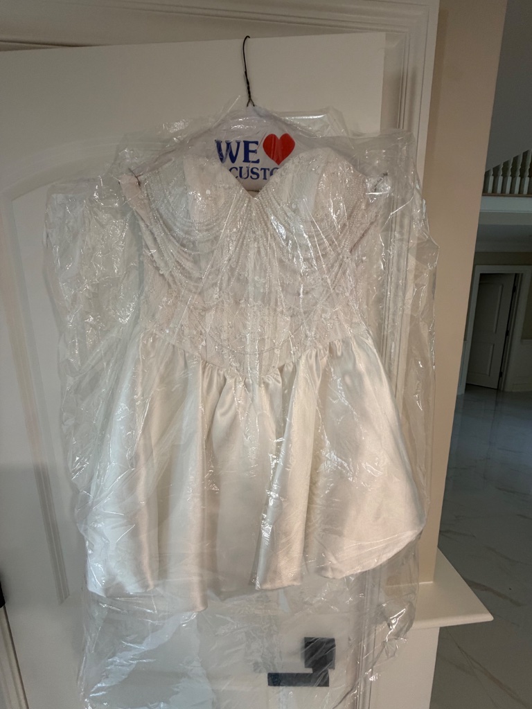 Luxury White Pearl & Sequin Embellished Corset Bridal Mini Dress — image 5 of 8